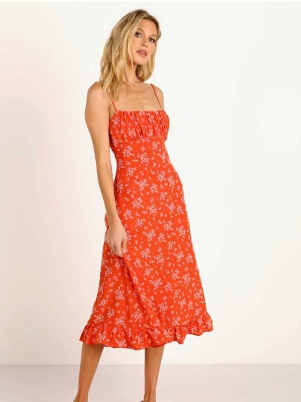 Auguste The Label Maeve Davis Orange Floral Spaghetti-Strap Midi Dress $169